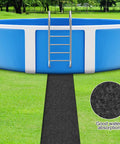 Black 10ft x 16in Absorb Water Above Ground Pool Pathway Mat leading to a blue pool with ladder, on green grass lawn