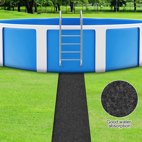 Black 10ft x 16in Absorb Water Above Ground Pool Pathway Mat leading to a blue pool with ladder, on green grass lawn