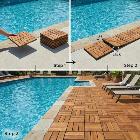 Teak Wood Interlocking Floor Tiles EZ Floor 12x12 Inch Pack Of 10 Solid Brown Indoor Outdoor DIY Installation by a pool