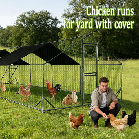 Heavy Duty Walk In Metal Chicken Coop With Spire Roof And Waterproof UV Cover Large Outdoor Run For Ducks And Chickens