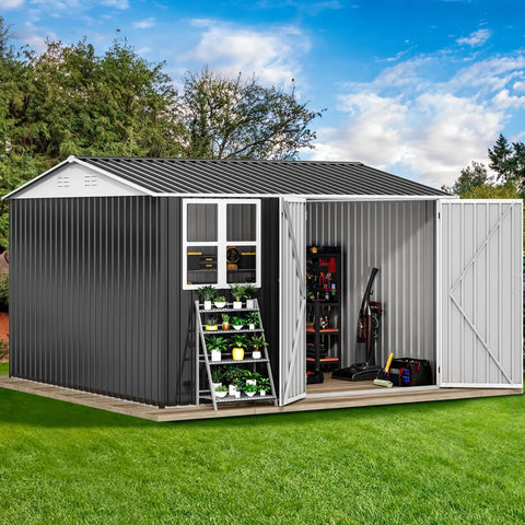 10 By 10 Ft Outdoor Metal Storage Shed With Windows Waterproof Build Lockable Doors And Sloped Roof For Patio Backyard