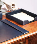 Bonded Leather Desktop Letter Tray Organizer Navy Blue on executive desk, 13.5 x 10.5 x 2, includes papers for office organization