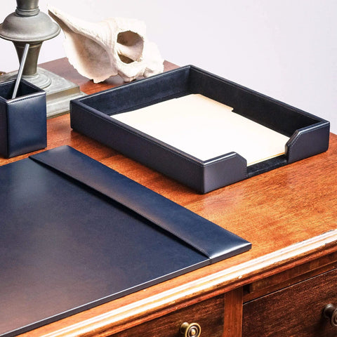 Bonded Leather Desktop Letter Tray Organizer Navy Blue on executive desk, 13.5 x 10.5 x 2, includes papers for office organization