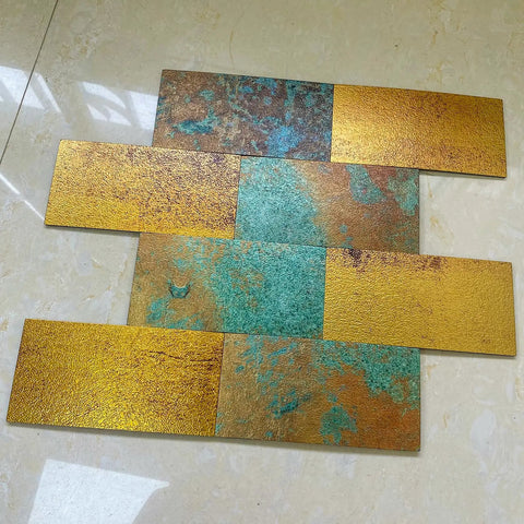 Peel And Stick Metal Look Subway Tile Backsplash For Kitchen And Bathroom, Retro Gold Bronze Copper Finish, 3D Brick Style
