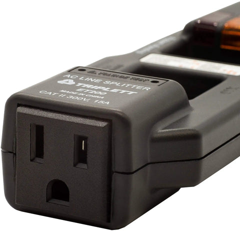 Must Have AC Line Splitter And GFCI Outlet Tester With Five Visual Indicators, close-up view showing outlet and label details.