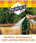Person spraying Outdoor Water Repellent Spray For Gear And Patio Furniture Sun Shield UV Protection Odorless Dries Clear 10.5 Oz on cushion