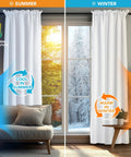 Dope Blackout Curtains For Bedroom And Living Room With Thermal Insulation, Rod Pocket Drapes, Pure White, 2 Panels, shown in summer and winter settings