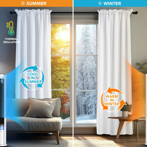 Dope Blackout Curtains For Bedroom And Living Room With Thermal Insulation, Rod Pocket Drapes, Pure White, 2 Panels, shown in summer and winter settings