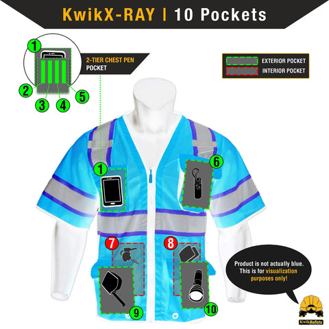 Diagram of Executive High Visibility Safety Vest With 10 Pockets For Men, Class 3 ANSI OSHA reflective mesh construction gear.