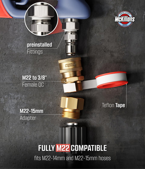 Image showing preinstalled fittings, M22 to 3/8 inch female quick connector, and Teflon tape for Swivel Gun Pro High Pressure Washer Handle.
