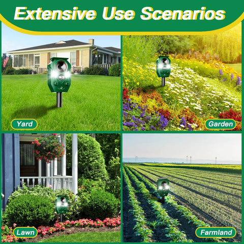 Solar Powered Ultrasonic Animal Repellent With Motion Sensor For Outdoor Yards And Gardens, LED Flashing Lights To Deter Deer Coyotes Raccoons And Cats, Humane Yet Effective Pest Deterrent For A Peaceful Pet Safe Yard. Uses in yard, garden, lawn, and farmland.