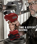 Kickass 21V Cordless Electric Cable Cutter Features Slick Ratcheting Drive For Heavy Duty Battery Power And Smooth Fast Cuts Through Thick Wiring On Job Sites in use, cutting thick wire with battery attached.