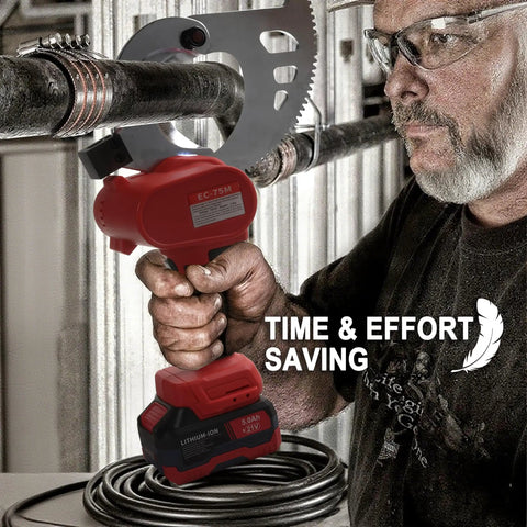 Kickass 21V Cordless Electric Cable Cutter Features Slick Ratcheting Drive For Heavy Duty Battery Power And Smooth Fast Cuts Through Thick Wiring On Job Sites in use, cutting thick wire with battery attached.