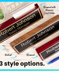Personalized Walnut Wood Desk Name Plate With Black Base And Gold Lettering, 2 By 8 Inches, Boss-Ready Office Sign shown with three style options