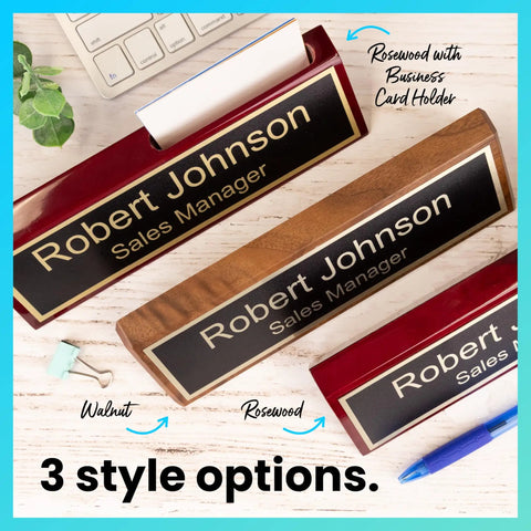 Personalized Walnut Wood Desk Name Plate With Black Base And Gold Lettering, 2 By 8 Inches, Boss-Ready Office Sign shown with three style options