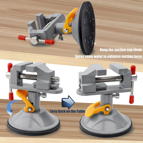 Mini Bench Vise With 360 Degree Swivel Suction Base Small Table Clamp Workbench Vise showing suction and clamp detail.