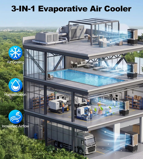 3-IN-1 Evaporative Air Cooler With 18800 Cfm Covering 3000 Sq Ft For Homes Garages And Shops Featuring Auto Fill System 50 Gal Tank
