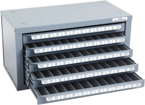 Tough As Nails Five Drawer Tap Dispenser Cabinet showing open drawers with compartments for taps #2-56 to #12-28.