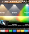Solid Solar Fence Lights For Outdoor Deck Railings And Garden Pathways Featuring Smooth Color Changing RGB Cycles With IP65 Waterproof Design Great To Level Up Your Backyard Hangout And Serve Dope Nighttime Ambiance In An Eight Piece Set showing 9 color modes including warm white, cool white, and RGB cycles.