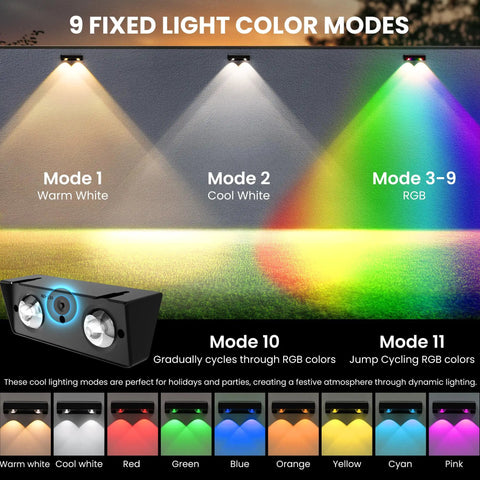 Solid Solar Fence Lights For Outdoor Deck Railings And Garden Pathways Featuring Smooth Color Changing RGB Cycles With IP65 Waterproof Design Great To Level Up Your Backyard Hangout And Serve Dope Nighttime Ambiance In An Eight Piece Set showing 9 color modes including warm white, cool white, and RGB cycles.