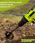 4-in-1 Soil Cultivator and Drill Tiller Attachment for Planter Boxes and Raised Beds being used with 3/8 Inch Hex Drive Drill in garden