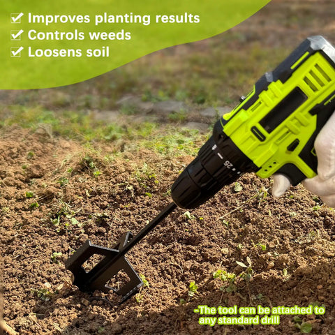 4-in-1 Soil Cultivator and Drill Tiller Attachment for Planter Boxes and Raised Beds being used with 3/8 Inch Hex Drive Drill in garden