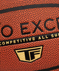 Close-up of Zi O Excel Indoor Outdoor Basketball 29.5 Inch Official Size 7 composite cover with logo and texture detail.