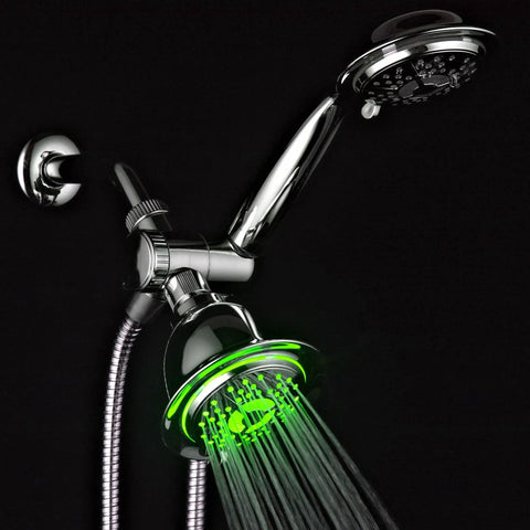 All Chrome 3 Way LED Shower Head And Handheld Combo With Air Jet Turbo Pressure Boost Nozzles Color Changing LEDs Reacting To Water Temperature Powered By Running Water No Batteries Needed Use Heads Separately Or Together For Maximum Shower Power