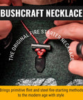 Close-up of Weatherproof Fire Starter Necklace for men with adjustable leather knot being worn.