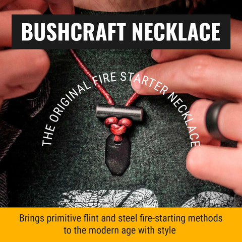 Close-up of Weatherproof Fire Starter Necklace for men with adjustable leather knot being worn.