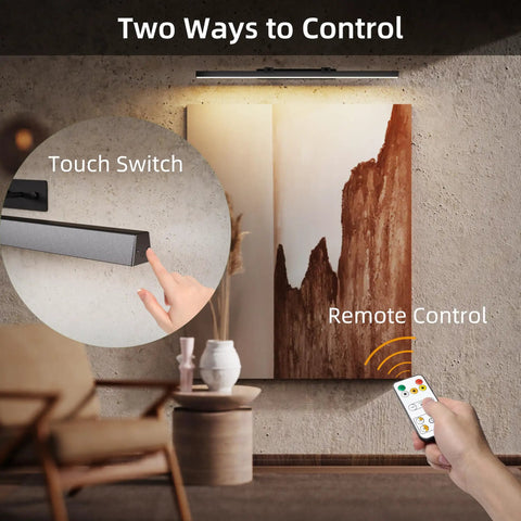 Heavy Duty Rechargeable Wireless Picture Light For Large Art Canvas And Paintings With Remote Control showing touch switch and remote control.