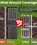Comparison of two lawn leveling rakes, 30 inch for ours vs 17 inch for others, highlighting wide ground coverage.