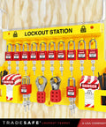 Lockout Tagout Station With LOTO Devices For OSHA Compliance And Industrial Safety, 14 Pack Safety Lock Set, 6 Hasps, 40 Do Not Operate Tags, yellow polycarbonate board displayed.