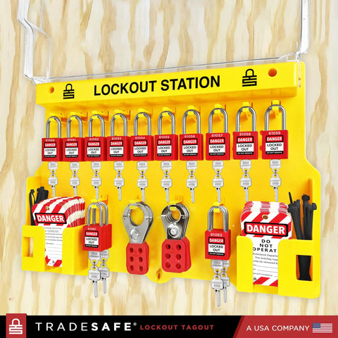 Lockout Tagout Station With LOTO Devices For OSHA Compliance And Industrial Safety, 14 Pack Safety Lock Set, 6 Hasps, 40 Do Not Operate Tags, yellow polycarbonate board displayed.