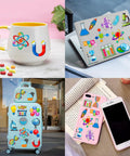 Collage of science-themed stickers on a mug, laptop, suitcase, and phone case, complementing the Science Party Favors Bundle With 24 Temporary Tattoos And 24 Slap Bracelets, Fun STEM Themed Birthday Supplies For Kids, Classroom Rewards, Baby Showers, And Party Decor For Boys And Girls.