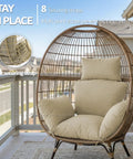 Weatherproof Egg Chair Cushion With 8 Secure Straps Water Repellent Faux Linen Cover Removable Installed on Balcony