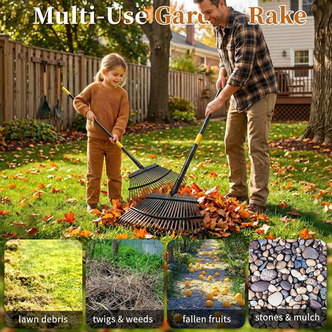 Heavy Duty Leaf Rake For Lawns With Back Saving Long Handle 65 Inch Gardening Rake With 18.5 Inch Wide Head And 25 Tines