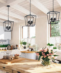 4 Light Farmhouse Lantern Chandelier In Matte Black With Adjustable Chain Rustic Geometric Pendant Light Fixture For Dining Room
