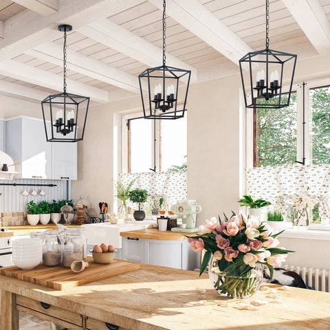 4 Light Farmhouse Lantern Chandelier In Matte Black With Adjustable Chain Rustic Geometric Pendant Light Fixture For Dining Room