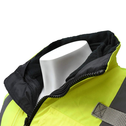 All Weather Waterproof And Windproof Industrial Safety Jacket with Concealed Hood in neon yellow, close-up on collar