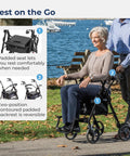 No Sweat Folding Rollator Walker And Transport Chair Combo With Slick Frame Smooth Ride Adjustable Backrest Supports Three Hundred Pounds For Easy Caregiver Handling, woman seated in chair by the water.