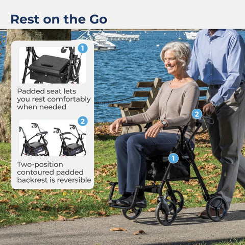 No Sweat Folding Rollator Walker And Transport Chair Combo With Slick Frame Smooth Ride Adjustable Backrest Supports Three Hundred Pounds For Easy Caregiver Handling, woman seated in chair by the water.
