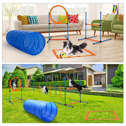 Go-To Dog Agility Training Equipment Kit, 60-Piece Obstacle Course Starter Set for Outdoor Play with tunnel, hurdles, jump ring