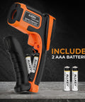 Infrared Temperature Gun For Cooking And Home Use Non Contact Surface Thermometer with batteries shown beside the device