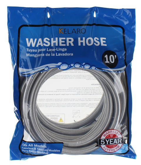 10 Foot Stainless Steel Washing Machine Hoses 2 Pack Burst Proof Universal Fit Flexible Water Supply Lines in packaging