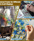 Oil painting, diamond painting, and embroidery art showing applications of Three Pack Wood Canvas Frame Kit 16x20 DIY Easy To Assemble Stretcher Bars For Needlepoint Canvas Painting Oil Painting And Diamond Painting Includes Two 16 Inch Bars And Two 20 Inch Bars Per Set.