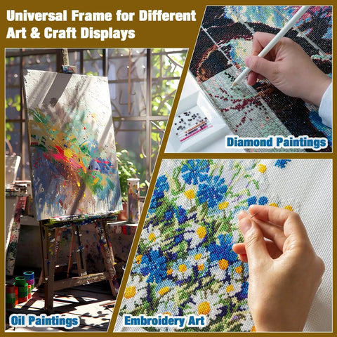 Oil painting, diamond painting, and embroidery art showing applications of Three Pack Wood Canvas Frame Kit 16x20 DIY Easy To Assemble Stretcher Bars For Needlepoint Canvas Painting Oil Painting And Diamond Painting Includes Two 16 Inch Bars And Two 20 Inch Bars Per Set.