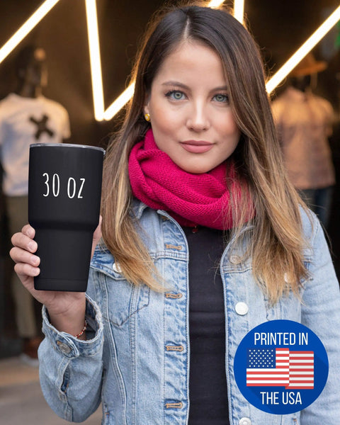 30 Oz Vacuum Insulated Tumbler With Lid Black For Rocketry Hobbyists Big Ol Coffee Cup in hand, USA printed badge