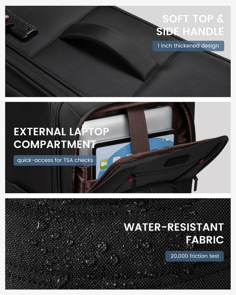 Lightweight Softside Carry On Luggage With 22x9x14 Inches Cabin Size showing soft handle, laptop pocket, water-resistant fabric
