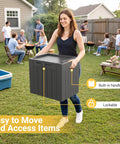 Woman carrying Big 31 Gallon Outdoor Storage Box With Lid For Patio Furniture, Garden Tools, And Pool Supplies, Weatherproof, UV Resistant, Lockable, Dark Grey, Heavy Duty Outdoor Organizer